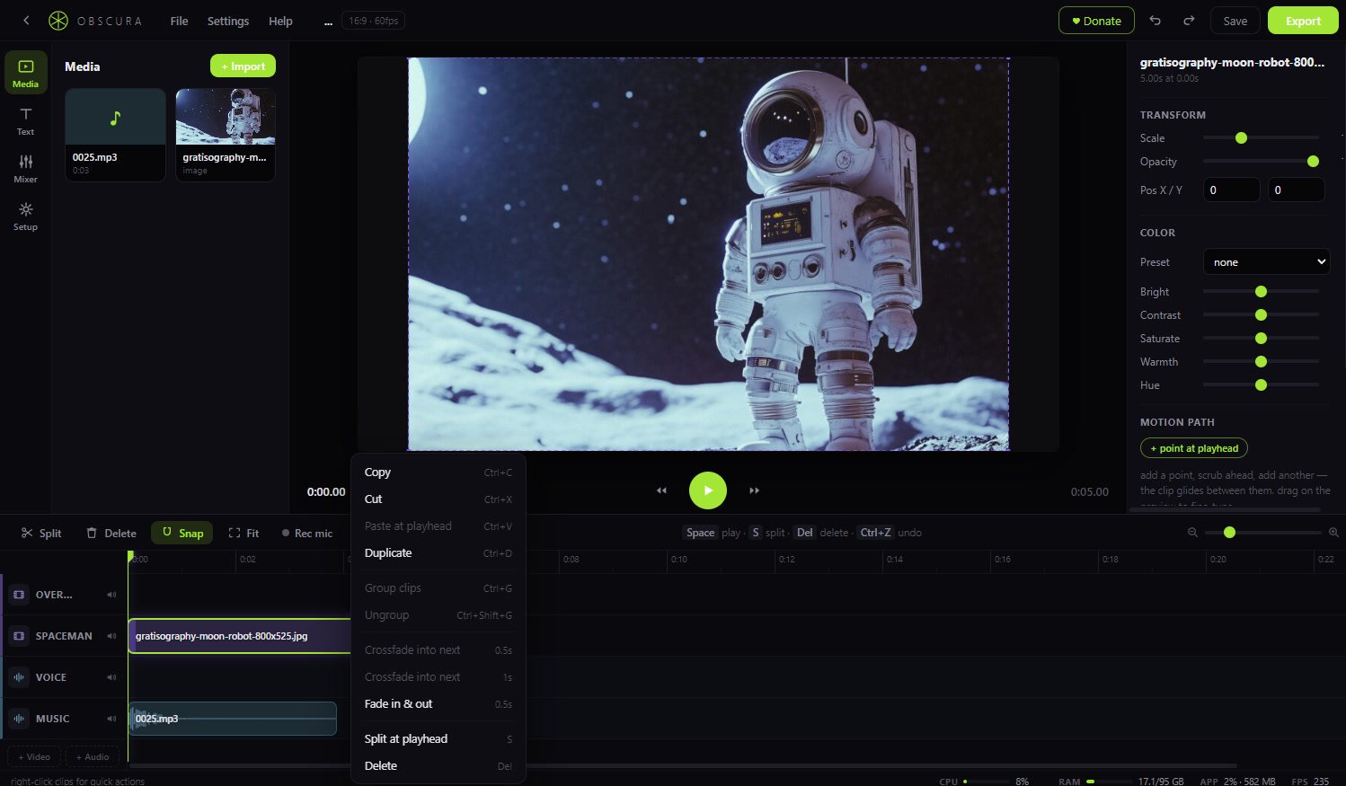 the obscura editor — media bin, preview with color grading and motion controls, and a multi-track timeline