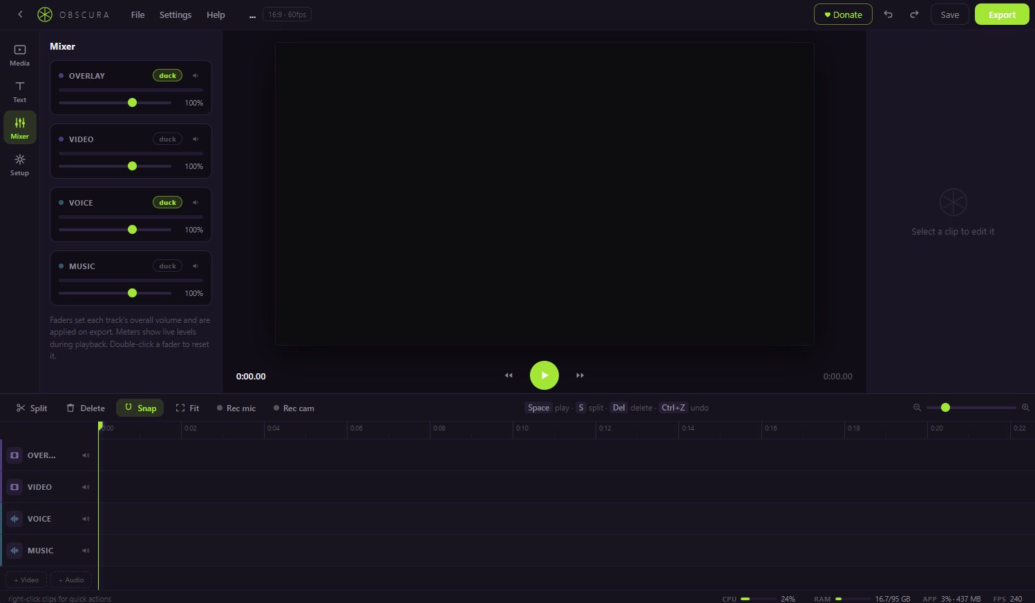 obscura live mixer with per-track faders, meters and auto-duck