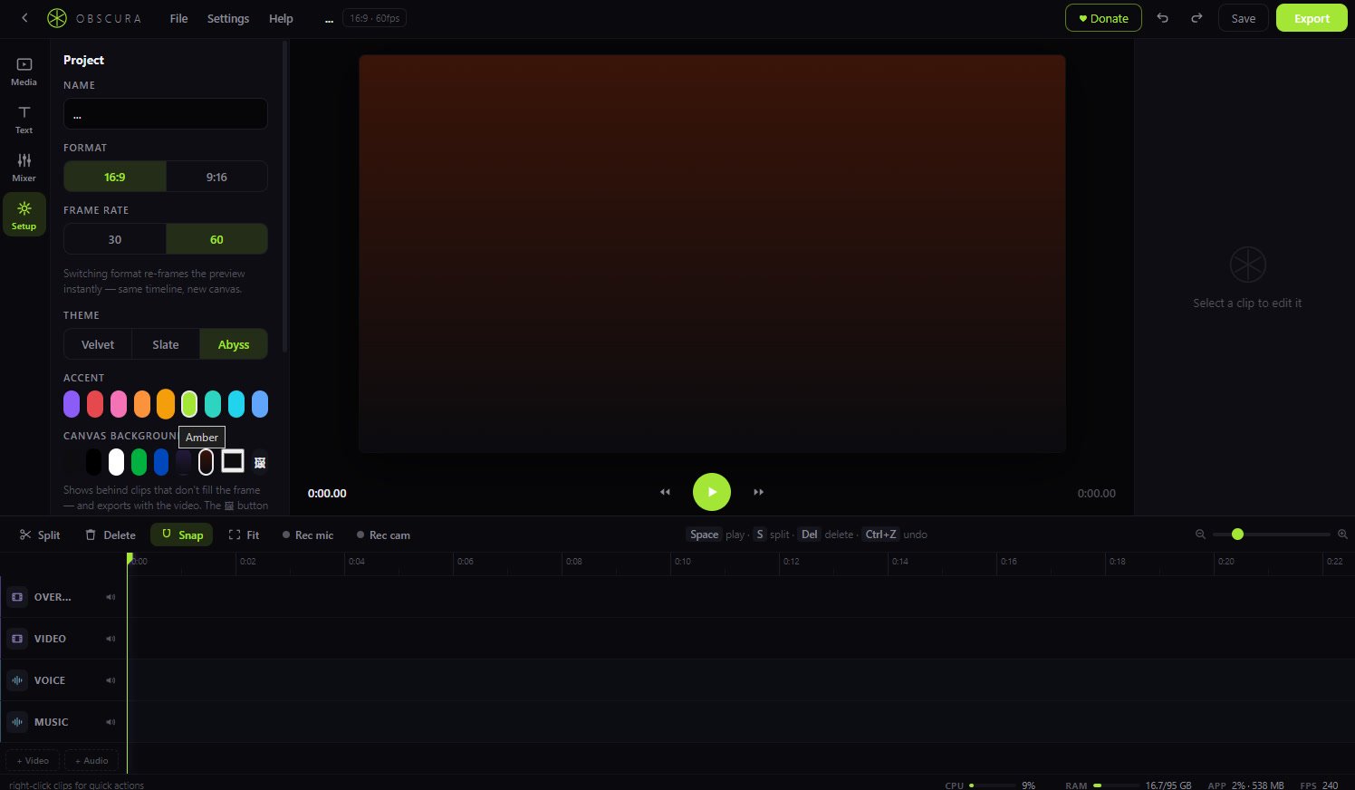 obscura setup panel with themes, accent colors and canvas backgrounds