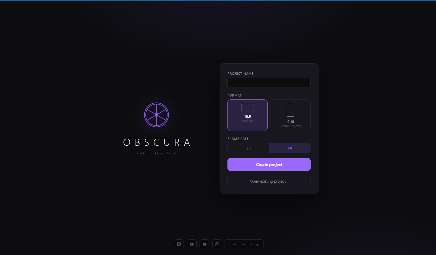 obscura start screen — pick format and frame rate